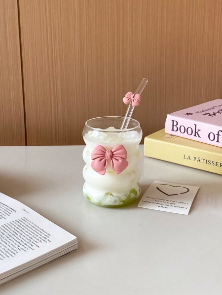 كوب زجاجي شفاف برسمة فراشة سعة 300 مل مع غطاء لشرب العصير والقهوة